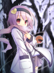 Rule 34 | 1girl, absurdres, alternate costume, coat, contemporary, hand in pocket, hassai, highres, komeiji satori, leaning back, long sleeves, looking at viewer, open clothes, open coat, pink eyes, pink hair, scarf, scarf over mouth, shirt, skirt, snow, solo, third eye, touhou, tree