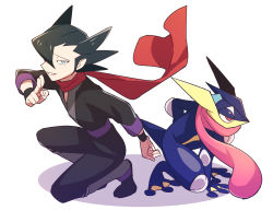 Rule 34 | 1boy, black hair, black wristband, commentary request, cosplay, creatures (company), fingernails, floating scarf, game freak, gen 6 pokemon, greninja, grey eyes, grimsley (pokemon), hair over one eye, hand up, highres, kneeling, koga (pokemon), koga (pokemon) (cosplay), looking at viewer, male focus, momoji (lobolobo2010), nintendo, on one knee, parted lips, pokemon, pokemon bw, raised eyebrows, red scarf, scarf, smile, wristband