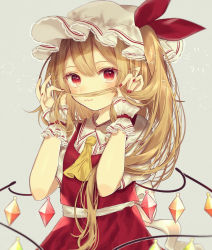 Rule 34 | 1girl, :3, ascot, blonde hair, closed mouth, cowboy shot, crystal, fake facial hair, fake mustache, fingernails, flandre scarlet, grey background, hands up, hat, hat ribbon, highres, holding, holding own hair, long hair, looking at viewer, mob cap, nail polish, one side up, pointy ears, puffy short sleeves, puffy sleeves, red eyes, red ribbon, red skirt, red vest, ribbon, short sleeves, simple background, skirt, skirt set, smile, solo, touhou, vest, white hat, wings, wrist cuffs, yedan999, yellow ascot