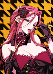 Rule 34 | 10s, 1girl, bad id, bare shoulders, black gloves, breasts, cleavage, flower, gloves, highres, houndstooth, idolmaster, idolmaster cinderella girls, large breasts, long hair, looking at viewer, matsuryuu, red eyes, red hair, riding crop, rose, smile, tongue, tongue out, zaizen tokiko