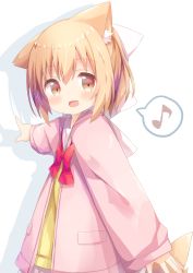 Rule 34 | 1girl, :d, absurdres, animal ear fluff, animal ears, blush, bow, brown eyes, commentary request, drop shadow, eighth note, hair between eyes, highres, jacket, light brown hair, long sleeves, looking at viewer, miike-chan, musical note, nakkar, open clothes, open jacket, open mouth, original, outstretched arm, pink jacket, pleated skirt, pointing, red bow, sailor collar, shirt, skirt, sleeves past wrists, smile, solo, spoken musical note, tail, white background, white sailor collar, white skirt, yellow shirt