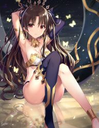 Rule 34 | 1girl, anklet, armlet, armpits, arms behind head, arms up, asymmetrical legwear, asymmetrical sleeves, bare shoulders, black ribbon, breasts, brown hair, bug, butterfly, commentary request, crown, earrings, elbow gloves, fate/grand order, fate (series), gloves, hair ribbon, heavenly boat maanna, highres, hoop earrings, insect, ishtar (fate), jewelry, long hair, looking at viewer, medium breasts, neck ring, parted bangs, parted lips, red eyes, reflection, ribbon, rin yuu, signature, single elbow glove, single thighhigh, sitting, solo, thighhighs, toeless legwear, tohsaka rin, two side up, uneven legwear, uneven sleeves