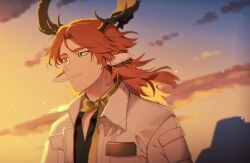 Rule 34 | 1boy, animal ears, antlers, arknights, black shirt, bright pupils, closed mouth, cloud, collared jacket, czerny (arknights), deer antlers, deer boy, deer ears, earrings, horns, jacket, jewelry, long hair, looking ahead, male focus, mole, mole under mouth, notepad, official alternate costume, open clothes, open jacket, parted bangs, pq, rock, scarf, shirt, smile, solo, sunset, upper body, white jacket, white pupils, yellow scarf