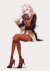 Rule 34 | 1girl, absurdres, antenna hair, black footwear, black jacket, blush, book, braid, buttons, dress, fate/grand order, fate (series), frilled dress, frilled sleeves, frills, full body, high heels, highres, holding, holding book, invisible chair, jacket, long hair, looking at viewer, multicolored clothes, multicolored jacket, olga marie animusphere, orange eyes, orange pantyhose, pantyhose, simple background, sitting, solo, two-tone jacket, white background, white dress, white hair, yanato (e-huxe), yellow jacket