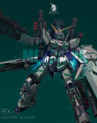 Rule 34 | absurdres, artist name, brayanong999, character name, floating, full armor unicorn gundam, green background, green eyes, gun, gundam, gundam unicorn, highres, holding, holding gun, holding shield, holding weapon, looking ahead, mecha, missile pod, no humans, nt-d, robot, shield, solo, unicorn gundam, v-fin, watermark, weapon