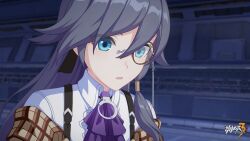 Rule 34 | 1girl, ascot, blue eyes, chinese commentary, eyeliner, fu hua, fu hua (hawk of the fog), fu hua (valkyrie accipiter), grey hair, hair between eyes, highres, honkai (series), honkai impact 3rd, logo, long hair, makeup, monocle, official alternate costume, official art, official wallpaper, open mouth, purple ascot, red eyeliner, shirt, solo, upper body, white shirt