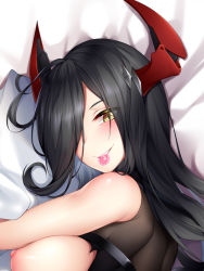 Rule 34 | 1girl, asymmetrical bangs, azur lane, bakugadou, bare shoulders, bed sheet, black hair, bodysuit, breasts, condom, condom in mouth, dakimakura (medium), eyes visible through hair, friedrich der grosse (azur lane), grin, hair over one eye, horn ornament, horns, large breasts, long hair, looking at viewer, lying, mouth hold, nail polish, nipples, on side, red nails, sleeveless, smile, solo, straight hair, taut clothes, torn bodysuit, torn clothes, turtleneck, upper body