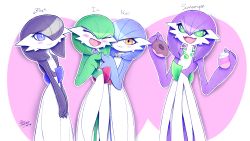 Rule 34 | 4girls, alternate color, artist name, blue eyes, blue hair, blueman282, blush, character name, creatures (company), cupcake, dated, doughnut, closed eyes, female focus, flat chest, food, game freak, gardevoir, gen 3 pokemon, green eyes, green hair, hair over one eye, hand up, hands up, happy, highres, holding, holding food, jewelry, looking at viewer, mega pokemon, mega stone, multiple girls, necklace, nintendo, open mouth, orange eyes, outline, pokemon, pokemon (creature), purple background, purple hair, shiny pokemon, short hair, signature, simple background, smile, standing, two-tone background, white outline