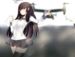 Rule 34 | 10s, 1girl, aircraft, asymmetrical legwear, bad id, bad pixiv id, black hair, black skirt, blurry, blurry background, breasts, eyebrows, highres, isokaze (kancolle), kantai collection, large breasts, lily sia, long hair, looking at viewer, papers, red eyes, shirt, skirt, solo, thighhighs, tiltrotor, uneven legwear, v-22 osprey, walking, white shirt