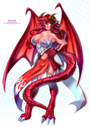Rule 34 | armor, blue eyes, bokuman, breasts, dragon girl, dragon wings, large breasts, red hair, wings