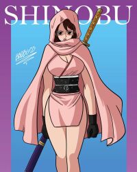 Rule 34 | 1girl, breasts, brown eyes, brown hair, cape, female focus, highres, japanese clothes, katana, kimono, kunoichi, large breasts, one piece, shinobu (one piece), solo, sword, thick thighs, thighs, weapon, yukata