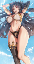 Rule 34 | 1girl, ahoge, armpits, asymmetrical legwear, black gloves, black hair, black panties, blush, breasts, cleavage cutout, clothing cutout, earrings, elbow gloves, fate/grand order, fate (series), from below, gloves, highres, hoop earrings, ishtar (fate), ishtar (swimsuit rider) (fate), jewelry, large breasts, long hair, looking at viewer, navel, open mouth, panties, po ppe, red eyes, single glove, single thighhigh, solo, thighhighs, toned, twintails, underwear