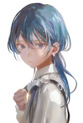 Rule 34 | 1girl, aq ll, blue eyes, blue hair, clenched hand, closed mouth, earrings, expressionless, frilled shirt, frills, hand up, highres, jewelry, long hair, long sleeves, looking at viewer, original, shirt, simple background, solo, strap, upper body, white background, white shirt
