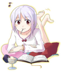 Rule 34 | 1girl, bad feet, bad id, bad pixiv id, barefoot, book, collarbone, artistic error, feet, food, ice cream, long sleeves, lying, mouth hold, musical note, open book, original, pillow, quaver, reading, red eyes, riru, short hair, solo, toe scrunch, toes, wrong foot