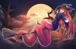 Rule 34 | 1girl, :d, bare tree, bat (animal), breasts, broom, broom riding, cloud, full body, full moon, hair between eyes, halloween, hand on headwear, hat, jewelry, lamia, long hair, looking at viewer, medium breasts, miia (monster musume), monster girl, monster musume no iru nichijou, moon, nanostar, night, night sky, open mouth, outline, outstretched arm, pointy ears, red hair, ring, robe, scales, sky, smile, solo, tail, tail wrap, tree, very long hair, wedding band, white outline, wide sleeves, witch hat, yellow eyes