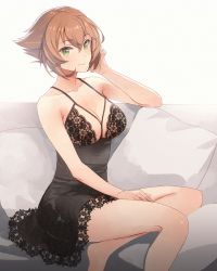 Rule 34 | 1girl, bare shoulders, barefoot, blush, breasts, brown hair, closed mouth, collarbone, green eyes, hair between eyes, kantai collection, kasumi (skchkko), lace, large breasts, lingerie, looking at viewer, mutsu (kancolle), negligee, short hair, sidelocks, sitting, smile, solo, thighs, underwear