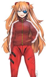 Rule 34 | 1girl, bodysuit, dated, eyepatch, female focus, highres, jacket, long hair, neon genesis evangelion, open mouth, orange hair, plugsuit, sigama, simple background, solo, souryuu asuka langley, twitter username, two side up, white background