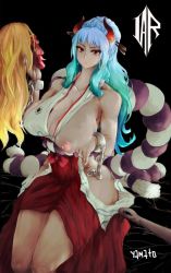 Rule 34 | 1girl, aqua hair, areola slip, breasts, chain, cleavage, covered erect nipples, highres, horns, huge breasts, japanese clothes, large breasts, long hair, mask, one piece, open clothes, open mouth, pink eyes, sitting, solo, tagme, wide hips, yamato (one piece)