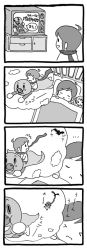 Rule 34 | &gt; &lt;, 3:, 4koma, anpanman, anpanman (character), bed, bird, chibi, child, comic, crossover, crow, dreaming, closed eyes, flying, greyscale, kaito (vocaloid), monochrome, o o, scarf, shimota, sleeping, smile, television, translated, vocaloid, aged down