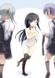 Rule 34 | 10s, 3girls, asashio (kancolle), back, bare shoulders, belt, black hair, black socks, blue eyes, blue panties, blurry, bow, bow panties, camisole, collarbone, dress, grey hair, holding, holding clothes, kantai collection, kasumi (kancolle), kasumi kai ni (kancolle), kneehighs, long hair, long sleeves, looking at viewer, moonstar, multiple girls, navel, ooshio (kancolle), open mouth, panties, school uniform, side ponytail, sleeveless, sleeveless dress, socks, strap slip, suspenders, twintails, underwear, underwear only