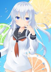 Rule 34 | 10s, 1girl, absurdres, bare legs, blue background, blue eyes, blush, closed mouth, commentary request, hair between eyes, hibiki (kancolle), highres, kantai collection, long hair, long sleeves, looking at viewer, neckerchief, no headwear, no pants, odeclea, red neckerchief, revision, sailor collar, school uniform, serafuku, shirt, silver hair, solo, white shirt