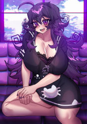 Rule 34 | black dress, blush, breasts, casual, cleavage, couch, dress, hands on lap, highres, large breasts, lingerie, long hair, nail polish, nyarla (osiimi), osiimi, purple eyes, purple hair, purple nails, sitting, smile, thick thighs, thighs, underwear, wide hips