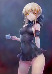 Rule 34 | 1girl, arm garter, artoria pendragon (all), artoria pendragon (fate), blonde hair, bow, breasts, fate/stay night, fate (series), female focus, food, hair bow, highres, long hair, looking at viewer, official alternate costume, one-piece swimsuit, popsicle, revision, saber (fate), saber alter, sideboob, solo, swimsuit, taishi (picchiridou), taut clothes, yellow eyes