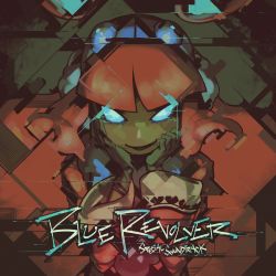 Rule 34 | 1girl, album cover, animal ears, blue eyes, blue revolver, blunt bangs, commentary, cover, glowing, glowing eyes, hands on own face, long hair, mae (blue revolver), official art, portrait, rabbit ears, red hair, solo, very long hair, woofycakes
