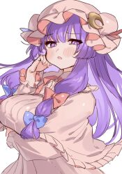 Rule 34 | 1girl, blue bow, blush, bow, breasts, crescent, crescent hat ornament, dress, hair bow, hat, hat ornament, highres, large breasts, long hair, long sleeves, masanaga (tsukasa), mob cap, one-hour drawing challenge, open mouth, patchouli knowledge, pink dress, pink hat, purple eyes, purple hair, red bow, simple background, solo, touhou, upper body, white background