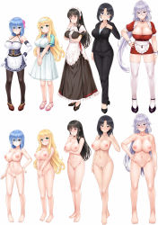 Rule 34 | 5girls, absurdres, anette (paizuri fiancee), black hair, blonde hair, blue eyes, blue hair, blush, breasts, chart, closed mouth, embarrassed, game cg, green eyes, hair between eyes, hands on own chest, happy, height chart, height difference, highres, huge breasts, inverted nipples, irene (paizuri fiancee), large breasts, legs, lineup, lizabell worth, long hair, looking at viewer, loretta magnamia, lying, maid, maid headdress, marianelli, mole, mole under eye, multiple girls, nipples, nude, original, paizuri fiancee, purple eyes, purple hair, red eyes, short hair, short hair with long locks, smile, standing, thigh gap, thighs, uni8