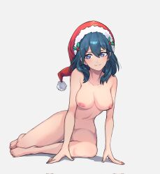 Rule 34 | 1girl, arm support, blue eyes, blue hair, breasts, byleth (female) (fire emblem), byleth (fire emblem), commentary, completely nude, english commentary, fire emblem, fire emblem: three houses, grey background, grimmelsdathird, highres, long hair, looking at viewer, medium breasts, navel, nintendo, nipples, nude, red headwear, simple background, sitting, smile, solo, stomach, thighs