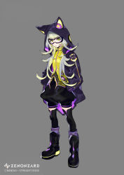 Rule 34 | 1girl, animal hood, black footwear, black shorts, black thighhighs, boots, closed mouth, full body, goggles, grey background, hands in pockets, hood, hood up, hooded jacket, jacket, long sleeves, looking at viewer, official art, open clothes, open jacket, pokimari, purple jacket, shorts, simple background, solo, thighhighs, vest, yellow eyes, yellow vest, zenonzard