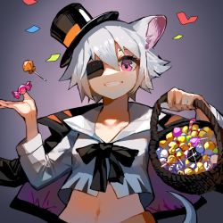 Rule 34 | 1girl, animal ears, arknights, basket, black bow, black bowtie, black jacket, bow, bowtie, candy, chinese commentary, clay (clayjun), click (arknights), click (grave thief) (arknights), crop top, eyepatch, food, gradient background, grin, hands up, hat, holding, holding basket, jacket, jacket on shoulders, lollipop, looking at viewer, mouse ears, mouse girl, mouse tail, navel, official alternate costume, one eye covered, shirt, short hair, silver hair, smile, solo, tail, top hat, upper body, white shirt