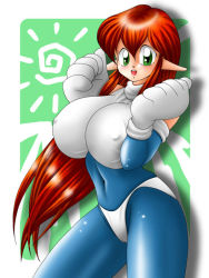 Rule 34 | 1girl, blue bodysuit, bodysuit, breasts, covered erect nipples, galaxy fight, gloves, green background, green eyes, huge breasts, non-web source, pointy ears, red hair, roomi, spandex, sunsoft