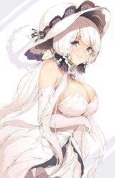 Rule 34 | 1girl, arm under breasts, azur lane, bare shoulders, blue eyes, blue gemstone, breasts, cleavage, detached collar, dress, elbow gloves, from side, gem, gloves, hair ribbon, hat, illustrious (azur lane), lace-trimmed headwear, lace trim, large breasts, long hair, ribbon, shiranugahotoke, sleeveless, sleeveless dress, solo, strapless, strapless dress, sun hat, tress ribbon, tri tails, white background, white dress, white gloves, white hair, white hat