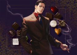 Rule 34 | 1boy, black eyes, black hair, black suit, buttons, candy, chocolate, chocolate heart, cigarette, collared jacket, cowboy shot, facial hair, food, formal, golden kamuy, heart, highres, holding, holding cigarette, jacket, kikuta mokutaro, long sleeves, male focus, necktie, red shirt, shirt, short hair, sideburns, solo, stubble, suit, valentine, w55674570w