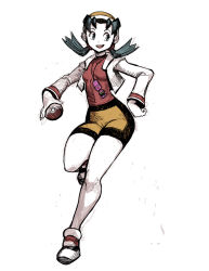 Rule 34 | 1990s (style), 1girl, beanie, bike shorts, black hair, blue eyes, blue hair, breasts, creatures (company), cropped jacket, full body, game freak, genzoman, hat, holding, holding poke ball, jacket, jewelry, kris (pokemon), long hair, low twintails, matching hair/eyes, nintendo, open clothes, open jacket, open mouth, pendant, poke ball, pokegear, pokemon, pokemon adventures, pokemon gsc, retro artstyle, running, shoes, small breasts, smile, sneakers, solo, twintails