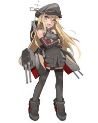 Rule 34 | 10s, 1girl, :d, aged down, bare shoulders, bismarck (kancolle), blonde hair, blue eyes, crossed arms, detached sleeves, fang, full body, goichi, grey thighhighs, hat, kantai collection, long hair, long sleeves, machinery, military, military uniform, open mouth, peaked cap, simple background, smile, solo, thighhighs, turret, uniform, very long hair, white background, zettai ryouiki