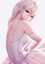 Rule 34 | 1girl, bare shoulders, braid, breasts, closed mouth, dress, elbow gloves, from side, gloves, hair between eyes, highres, leria v, long hair, looking at viewer, looking to the side, medium breasts, original, red eyes, simple background, white background, white dress, white gloves, white hair