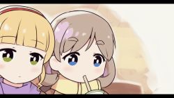 Rule 34 | 2girls, blonde hair, blue eyes, blush, brown hair, chibi, closed mouth, cup, disposable cup, drinking straw, green eyes, heanna sumire, langbazi, letterboxed, love live!, love live! superstar!!, multiple girls, purple scarf, scarf, short eyebrows, tang keke, thick eyebrows, yellow scarf