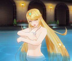 Rule 34 | 1girl, 3d, absurdres, aliasing, angry, beach, bikini, blonde hair, blush, breasts, cleavage, covering privates, covering breasts, custom maid 3d 2, highres, jar, lamp, large breasts, long hair, looking at viewer, mythra (xenoblade), navel, nervous, nintendo, plant, pool, sand, shy, solo, swimsuit, very long hair, water, xenoblade chronicles (series), xenoblade chronicles 2