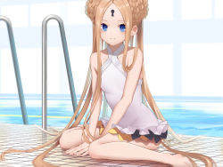 Rule 34 | 1girl, abigail williams (fate), abigail williams (swimsuit foreigner) (fate), abigail williams (swimsuit foreigner) (second ascension) (fate), absurdres, bare shoulders, black bow, blonde hair, blue eyes, bow, braid, braided bun, breasts, double bun, dress swimsuit, fate/grand order, fate (series), forehead, hair bun, highres, keyhole, long hair, multiple bows, one-piece swimsuit, orange bow, parted bangs, poolside, shiro ami, sidelocks, sitting, small breasts, smile, solo, swimsuit, twintails, very long hair, wariza, white one-piece swimsuit