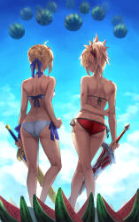 Rule 34 | 2girls, artoria pendragon (fate), artoria pendragon (swimsuit archer) (fate), artoria pendragon (swimsuit archer) (first ascension) (fate), ass, back, bare shoulders, bikini, blonde hair, blue sky, braid, breasts, clarent (fate), excalibur (fate/stay night), fate/grand order, fate (series), feet out of frame, food, french braid, from behind, fruit, hair bun, hair ribbon, halterneck, highres, long hair, mordred (fate), mordred (fate) (all), mordred (swimsuit rider) (fate), mordred (swimsuit rider) (first ascension) (fate), mother and daughter, multiple girls, outdoors, ponytail, red bikini, revision, ribbon, side-tie bikini bottom, sidelocks, sky, small breasts, string bikini, suikawari, swimsuit, sword, thighs, tonee, watermelon, watermelon slice, weapon, white bikini
