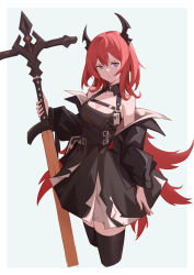Rule 34 | 1girl, absurdres, arknights, black collar, black dress, black jacket, black thighhighs, breasts, cleavage, collar, cowboy shot, cropped legs, demon girl, demon horns, dress, hair between eyes, highres, holding, holding sword, holding weapon, horns, id card, jacket, ke&#039;ai qu qu, long hair, medium breasts, off shoulder, open clothes, open jacket, red hair, simple background, sleeveless, sleeveless dress, solo, surtr (arknights), sword, thighhighs, very long hair, weapon, white background