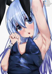 Rule 34 | 1girl, :o, absurdres, animal ears, arm up, armpits, arms behind head, artist name, blue bow, blue bowtie, blue eyes, blue hair, blue leotard, bow, bowtie, breasts, detached collar, deviantart username, facebook username, fake animal ears, gochuumon wa usagi desu ka?, hair between eyes, hair ornament, highres, instagram username, kafuu chino, leotard, light blue hair, looking at viewer, oversized breast cup, pixiv username, playboy bunny, presenting armpit, rabbit ears, reddit username, simple background, small breasts, solo, steaming body, strapless, strapless leotard, sweat, tomodachi (tomofanart), twitter username, white background, wrist cuffs, x hair ornament