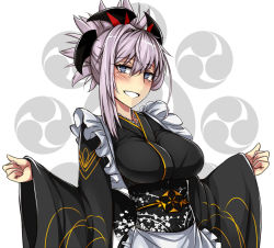 Rule 34 | 1girl, alternate costume, apron, black kimono, blue eyes, blush, commentary request, enmaided, fate/grand order, fate (series), grey hair, hair ornament, japanese clothes, kimono, long hair, looking at viewer, maid, mitsudomoe (shape), miyamoto musashi (fate), obi, parted lips, sanmoto gorouzaemon, sash, simple background, smile, solo, tomoe (symbol), upper body, wa maid, waist apron, white background, wide sleeves