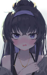 Rule 34 | 1girl, absurdres, bare shoulders, black hair, blue archive, blue eyes, blush, commentary, crossed bangs, hairband, halterneck, highres, jewelry, ksagi, long hair, looking at viewer, necklace, o-ring, off shoulder, official alternate costume, open mouth, portrait, purple hairband, sidelocks, simple background, solo, straight-on, symbol-only commentary, ui (blue archive), ui (swimsuit) (blue archive), white background