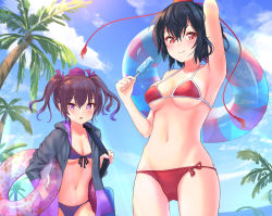 Rule 34 | 2girls, arm up, armpits, bare shoulders, bikini, black hair, black jacket, blue sky, blush, breasts, cleavage, cloud, commentary request, cowboy shot, day, drawstring, food, front-tie bikini top, front-tie top, groin, hair between eyes, hair ribbon, halterneck, hand up, hat, himekaidou hatate, holding, holding food, hood, hooded jacket, innertube, jacket, long sleeves, looking at viewer, medium breasts, multiple girls, navel, open clothes, open jacket, outdoors, palm tree, parted lips, popsicle, purple bikini, purple eyes, purple ribbon, red bikini, red eyes, ribbon, roke (taikodon), shameimaru aya, short hair, sky, smile, standing, stomach, string bikini, swim ring, swimsuit, tassel, tokin hat, touhou, tree, twintails