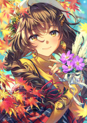 Rule 34 | 1girl, braid, brown hair, closed mouth, dated, earrings, flower, hat, highres, holding, holding flower, jewelry, leaf, long hair, long sleeves, looking at viewer, low twin braids, maple leaf, morikura en, nail polish, original, purple flower, purple nails, signature, smile, solo, sweater, turtleneck, turtleneck sweater, twin braids, upper body, white hat, yellow eyes, yellow sweater