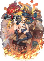 Rule 34 | 1girl, artist request, bandaged arm, bandages, bandolier, belt, bikini, bikini top only, black gloves, black thighhighs, blonde hair, boots, breasts, closed mouth, cutoffs, denim, denim shorts, dog tags, epaulettes, explosive, fayette (mist train girls), fingerless gloves, glint, gloves, grenade, hat, highres, jacket, jacket on shoulders, knee boots, long hair, looking at viewer, medium breasts, midriff, mist train girls, navel, official art, open pants, over shoulder, pants, peaked cap, shirt, short shorts, shorts, shotgun shell, side ponytail, sidelocks, single glove, single thighhigh, sitting, smile, solo, swimsuit, thigh strap, thighhighs, torn clothes, torn shirt, transparent background, very long hair, weapon, weapon over shoulder, yellow eyes